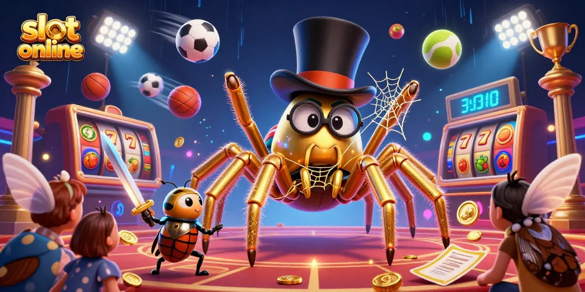 Mainkan slot online dengan ikonik tarantula emas dan para penonton seru dalam ilustrasi kasino