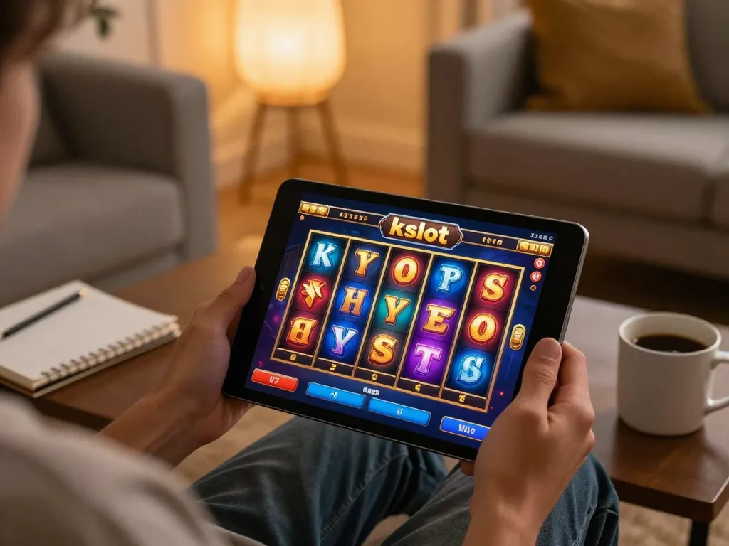 Engaging hands interacting with a kdslot tablet display, showcasing colorful slot symbols in a cozy gaming setup.