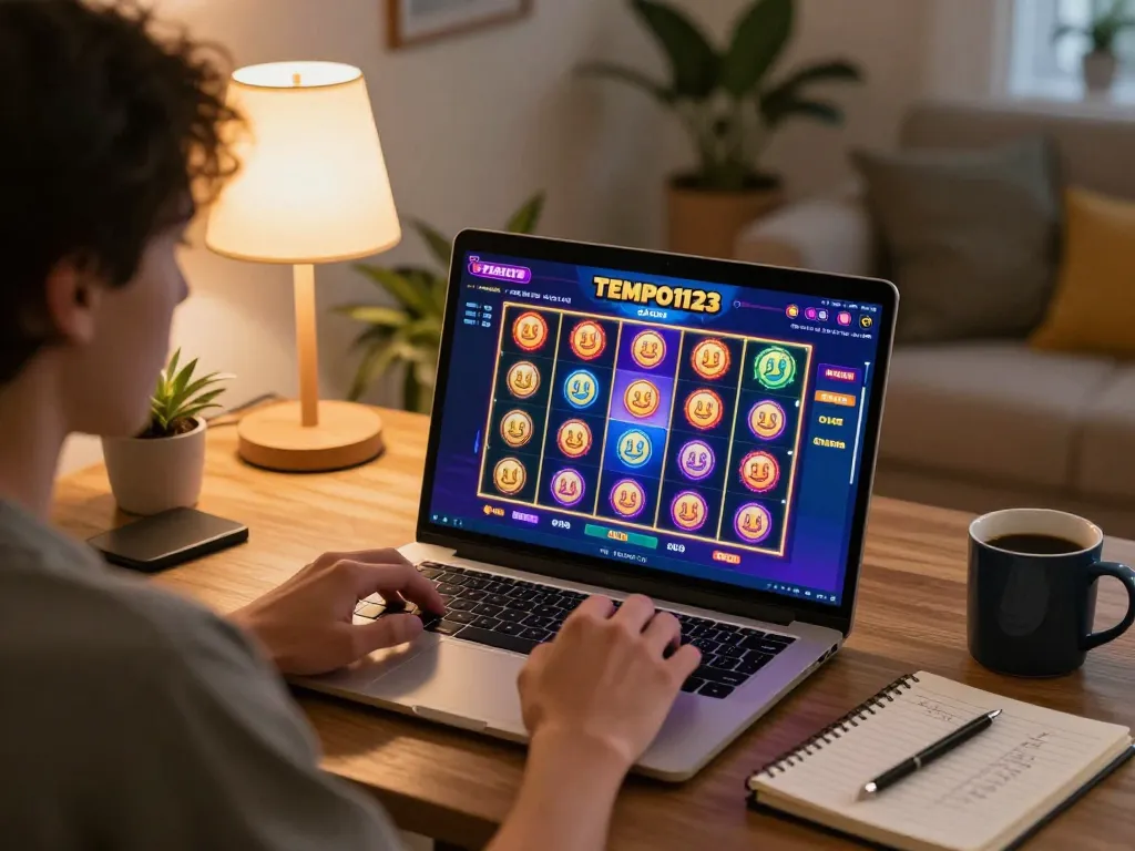 Engaging online gaming moment with Tempo123 Gacor interface on laptop, featuring vibrant slot visuals and a cozy setting.