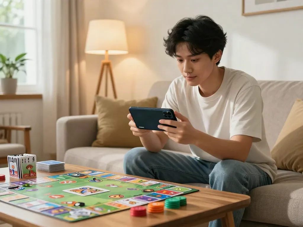 Player enjoying Rumble Rummy app on smartphone with vibrant game elements and cozy indoor setting.