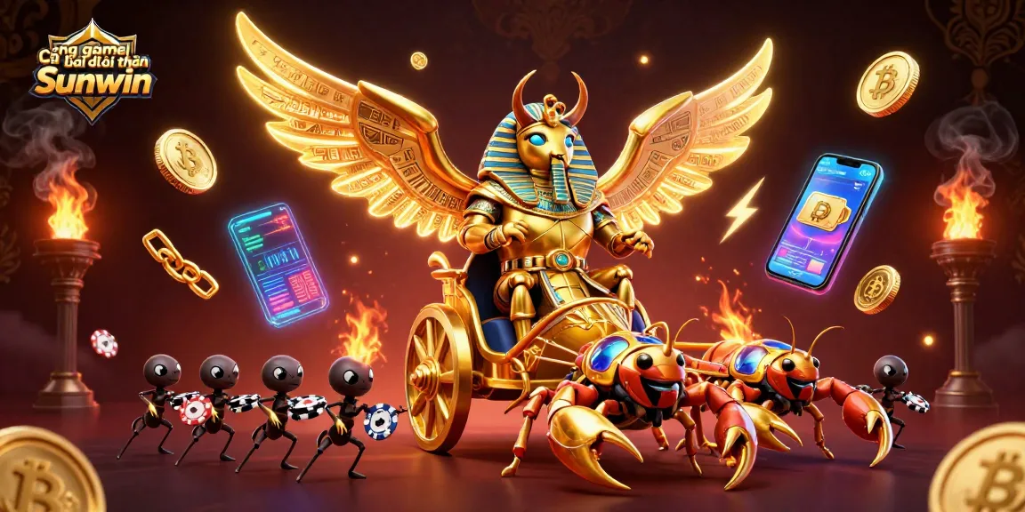 Cổng game bài đổi thưởng Sunwin showcases a majestic scene with a golden scarab beetle and scorpions surrounded by glowing crypto coins.