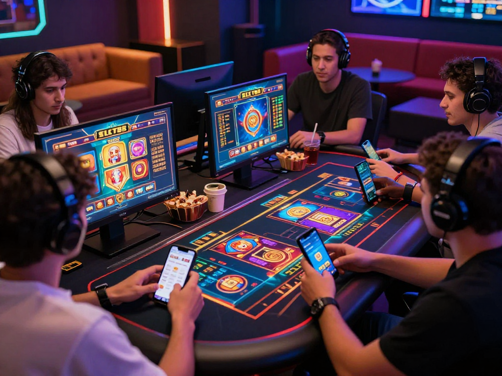 Players enjoying a colorful online casino experience with SLOT88 apk interface actively displayed.