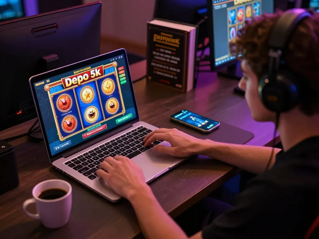 Player engaging in slot depo 5k gaming on laptop, showcasing excitement and strategy in online slots.