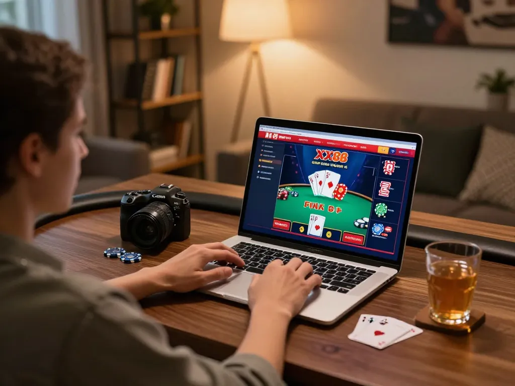Engaging in strategic online gambling at XX88 with a laptop showing dynamic poker action.