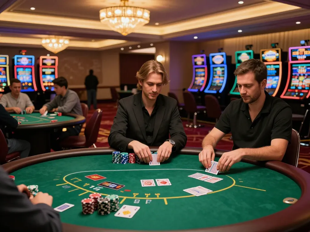 The vibrant scene at https://sc88.casino/ showcases players engaging in intense poker gameplay with stacked chips and dealers in action.