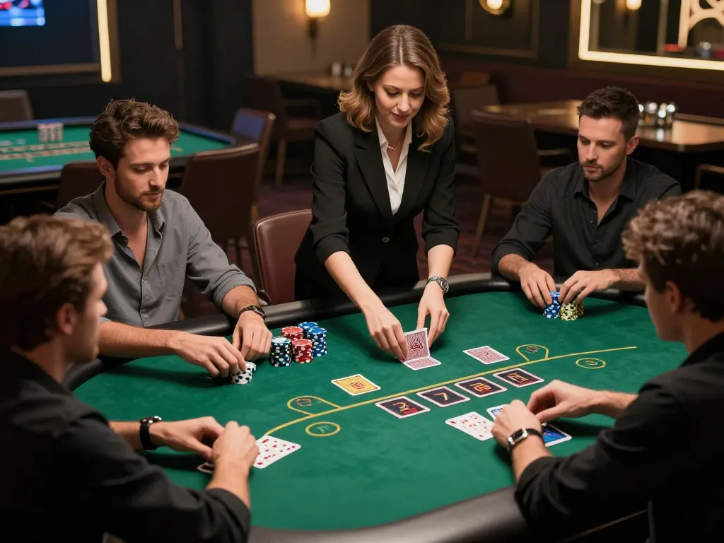 Go88 players engaged in intense live poker game with professional dealer.