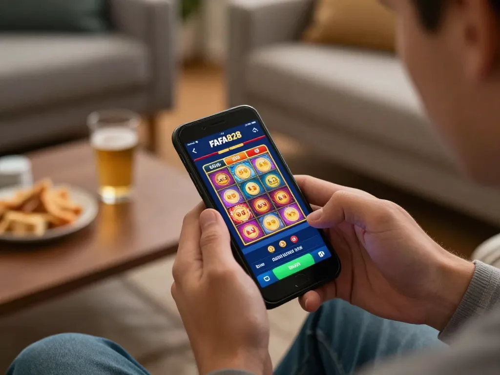 ผู้เล่นกำลังมีส่วนร่วมในประสบการณ์การเล่นเกมบนมือถือ FAFA828 โดยแสดงให้เห็นถึงอินเตอร์เฟซเกมและบรรยากาศที่สะดวกสบาย