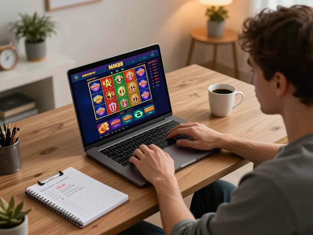 Engaging user playing MM88 online casino games from a stylish home setup, showcasing vibrant gaming interface.