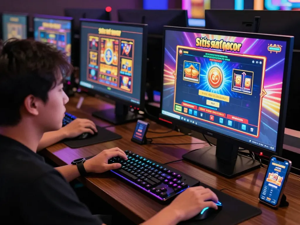 Pemain terlibat dalam permainan situs slot gacor dengan antarmuka yang cerah dan perangkat permainan.