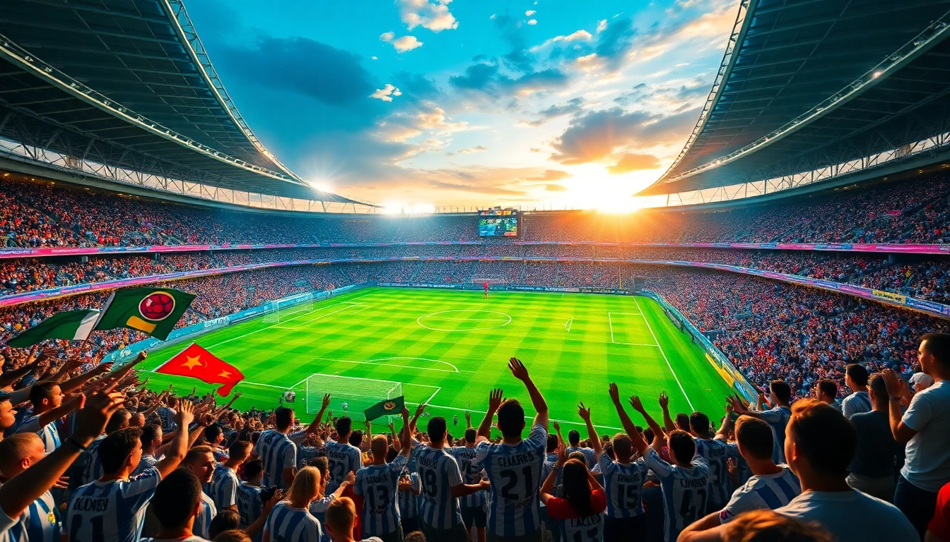 Experience Xem Bóng Socolive with an exhilarating scene of a packed soccer stadium alive with cheering fans.