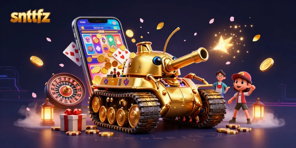 Engage with "snttfz" through an animated scene showcasing a golden beetle tank revealing a tiny casino adventure.