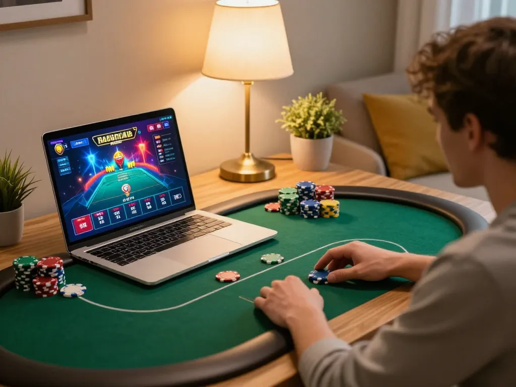 king33 player strategizing on poker game during cozy home gaming session