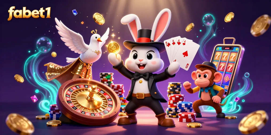 Experience the excitement of fabet1 with golden coins and poker chips in a lively casino scene.