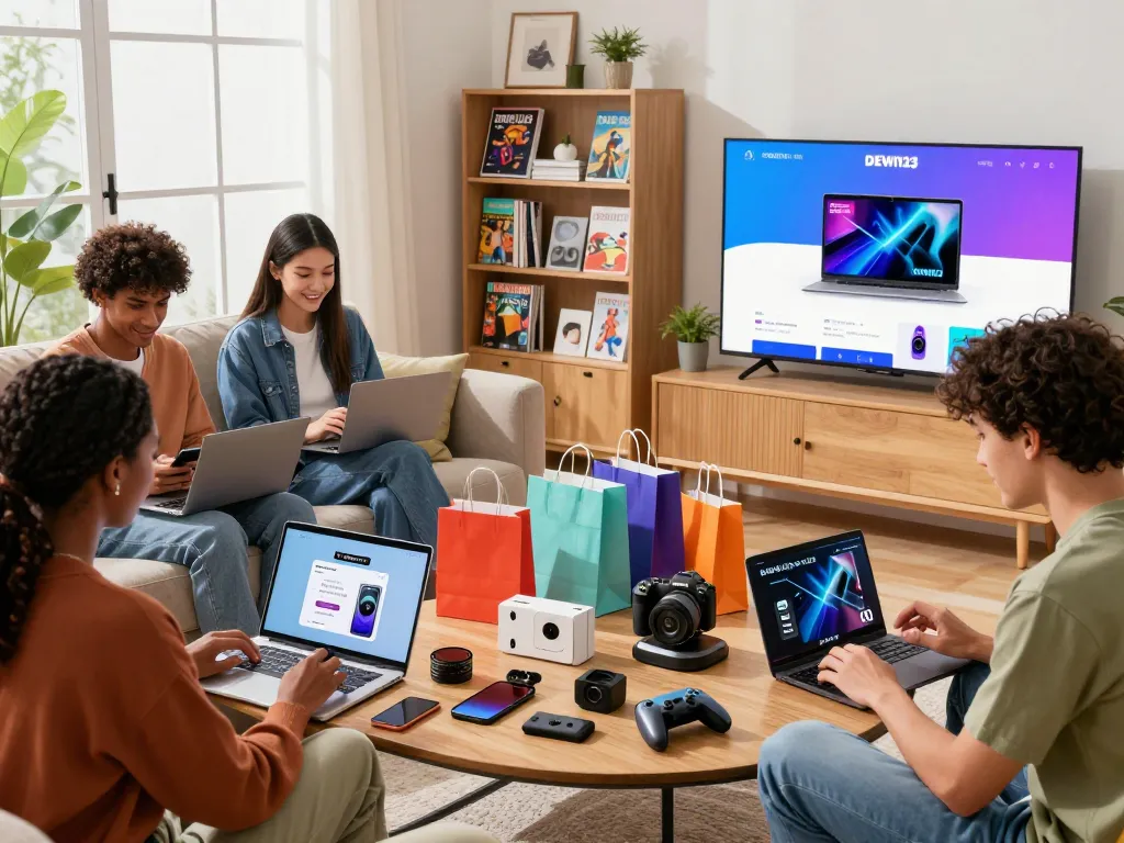 Exciting online shopping scene featuring young adults engaging with the DEWI123 mobile app at home, showcasing a vibrant atmosphere.