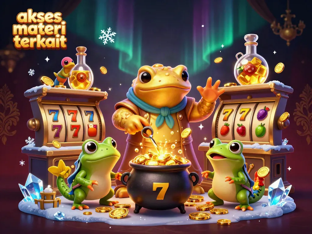Ilustrasi 3D menampilkan akses materi terkait dengan alkemis salamander dan elemen kasino di latar belakang.