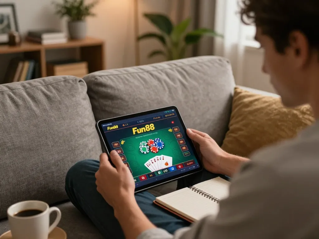 Fun88 player engages in online casino gaming on a tablet in a relaxed home setting
