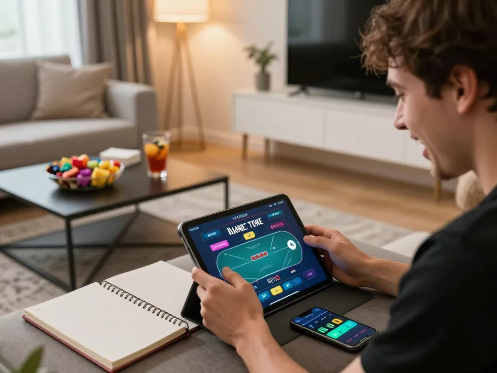 Join dash88 and experience thrilling online poker gameplay in a cozy home setting with a tablet.