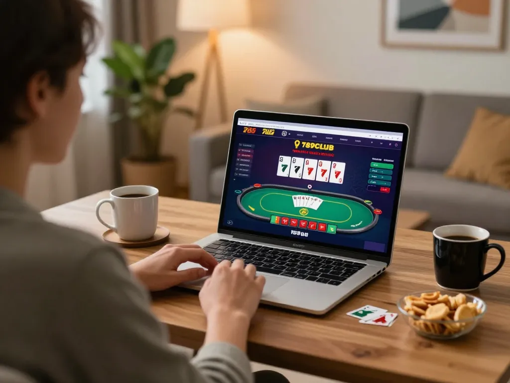 Player engaging with 789club online poker game at home, showcasing strategic betting moment.