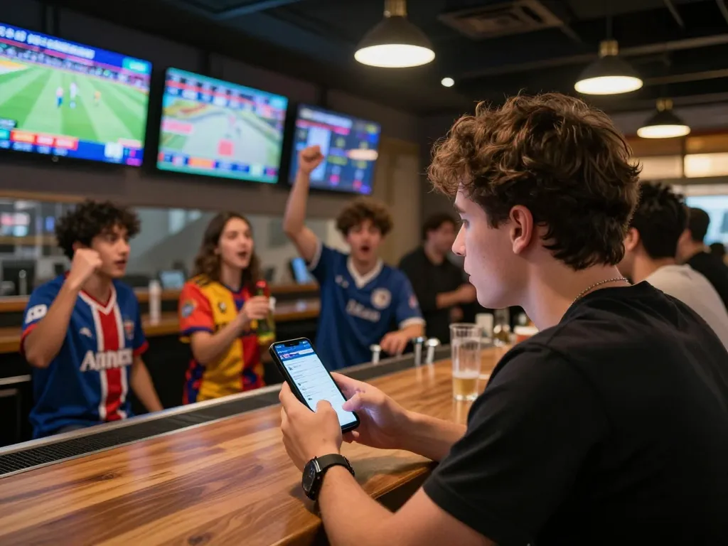 Sports betting with keonhacai mobile app at a lively bar, capturing engaging live betting experience.