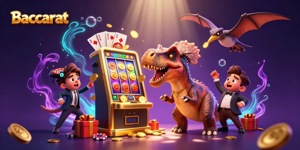 Baccarat enthusiasts enjoy the thrill of jackpots as a dinosaur celebrates wins in a vibrant casino.