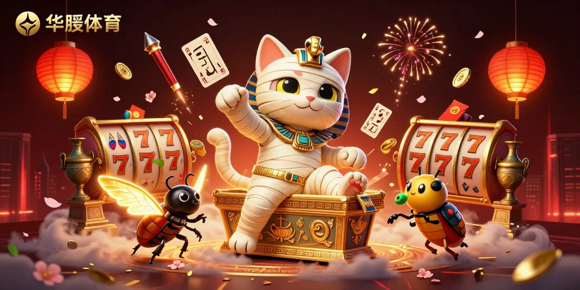 在华体会体育的主题场景中,一只埃及木乃伊猫伴随着发光的金色甲虫,伴有丰富的赌场元素。