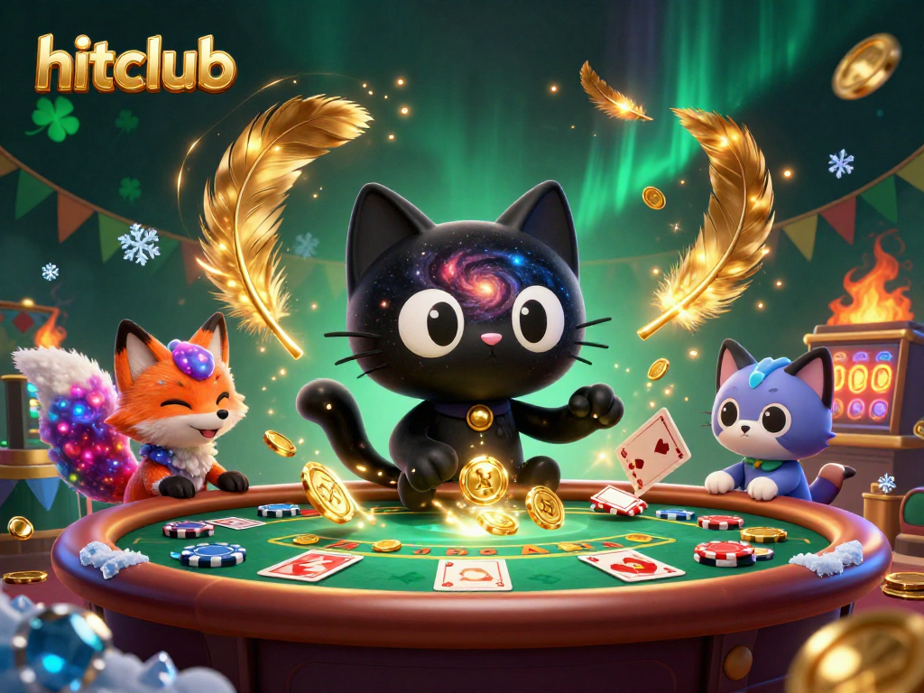 Engage with hitclub at this vibrant cosmic casino, featuring a whimsical black hole cat and nebula fox.