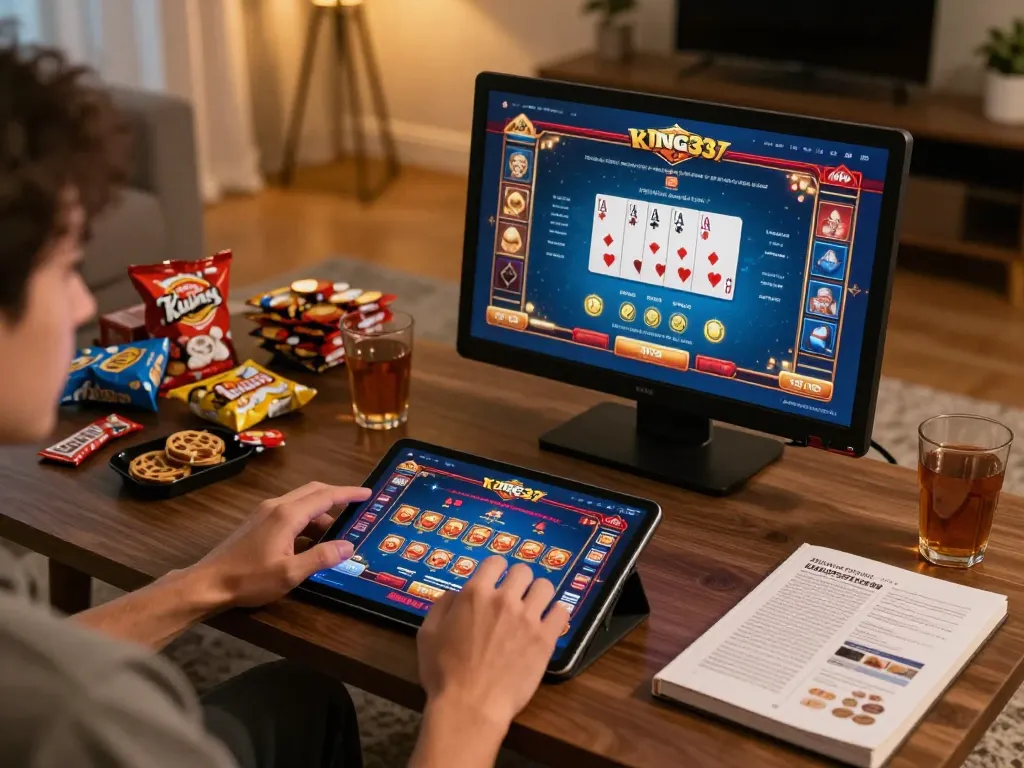 Engaging user interacting with the king33 app for online casino gaming on a cozy tablet setup.