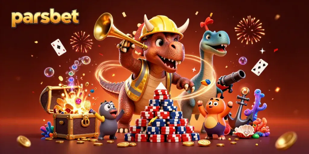 Parsbet ile karnaval havası, 3D dinozor karakterleri ve kumar unsurlarıyla dolu canlı bir sahne.