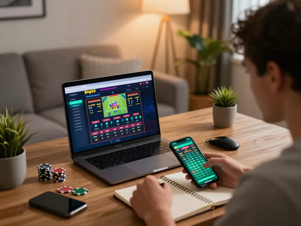 Engaged users enjoying king33 online sports betting on their smartphones in a stylish home office.