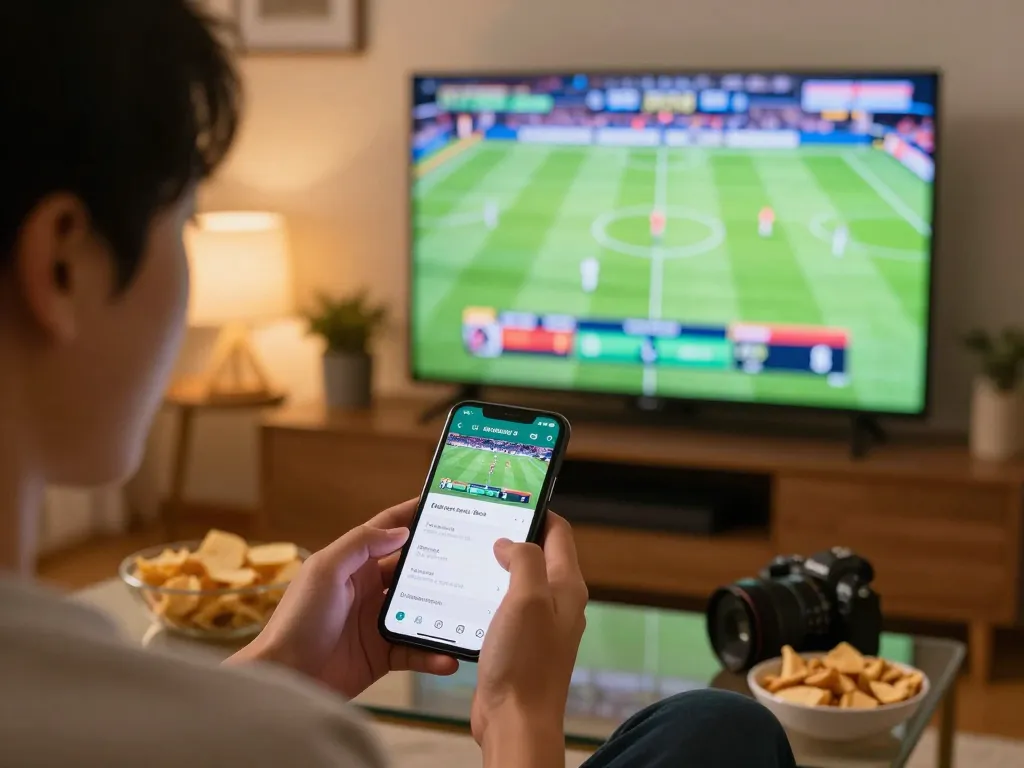 Using the nhà cái 8xbet app for sports betting with live action on TV in a cozy home