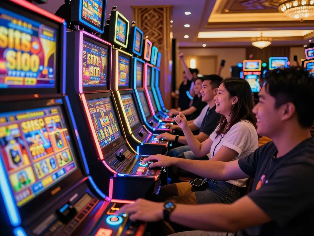 Playing vibrant situs slot machines with cheering players in an upscale casino atmosphere