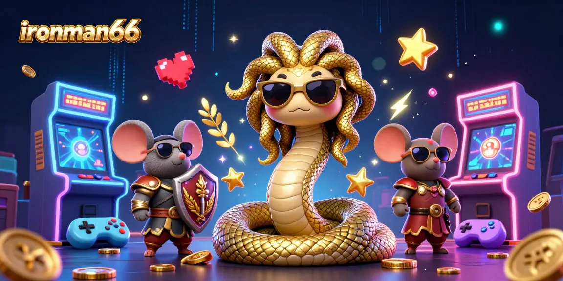Spin the reels at ironman66 with Medusa and a warrior mouse in this vibrant casino gaming scene.