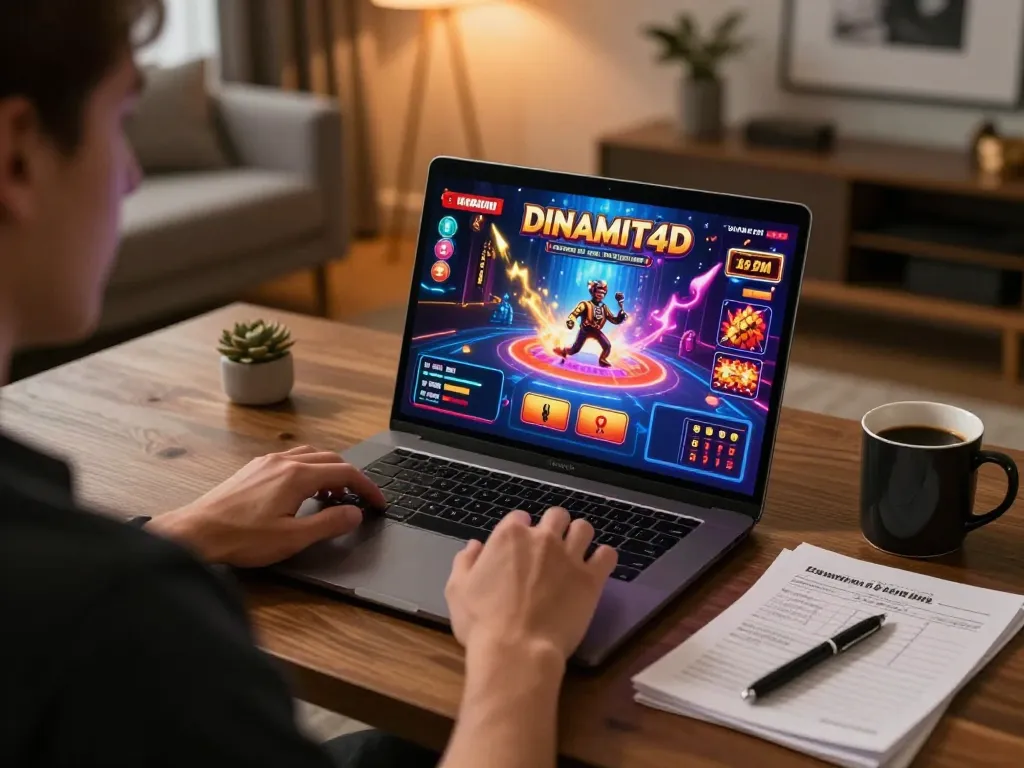 Engaged player enjoying Dinamit4D on laptop with coffee and strategy notes.