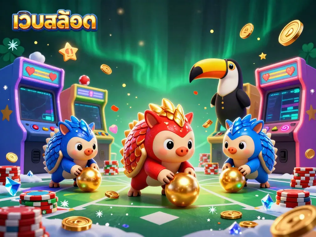 การเล่นเกมสล็อตในภาพการ์ตูนของคู่ต่อสู้ที่เป็นแพนโกลินสีแดงและสีน้ำเงินที่เล่นพนัน