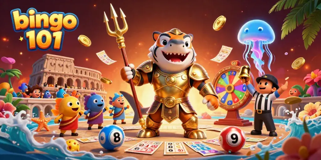 Engage in Bingo 101 excitement with bingo cards and vibrant numbers amidst a lively, dynamic scene.