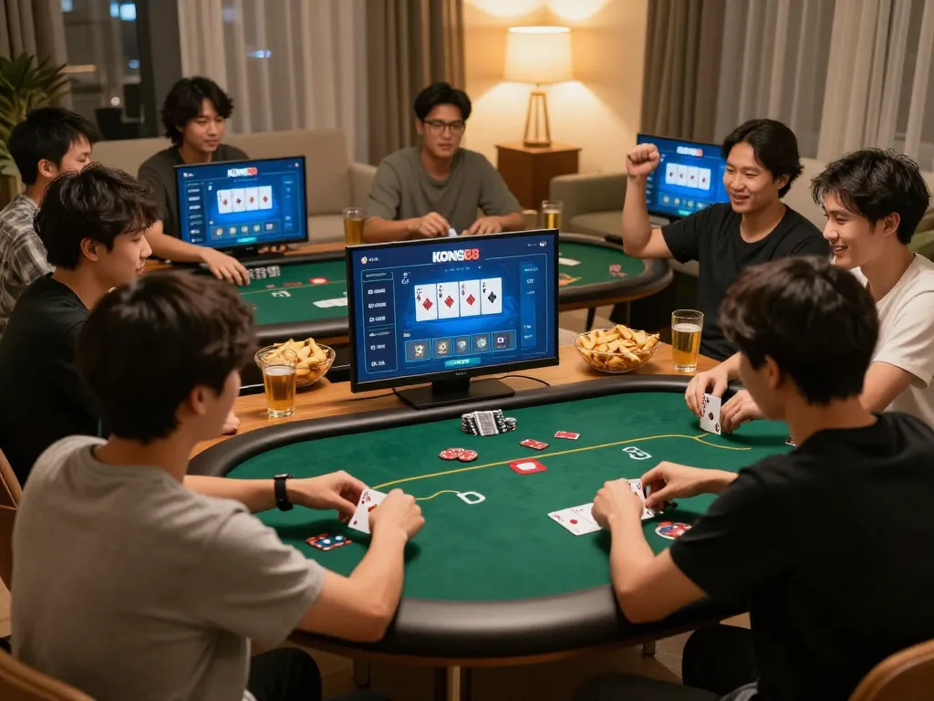 KONG88 players enjoying an online poker game at home, celebrating wins with snacks and drinks.