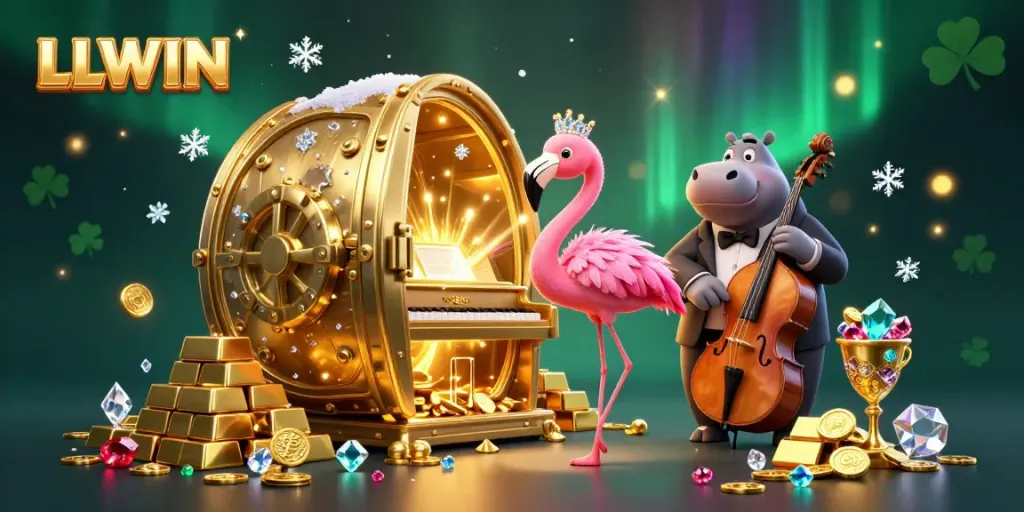 Experience the vibrant atmosphere of LLWIN with a lively 3D casino scene featuring exotic characters, gold treasures, and dazzling lights.