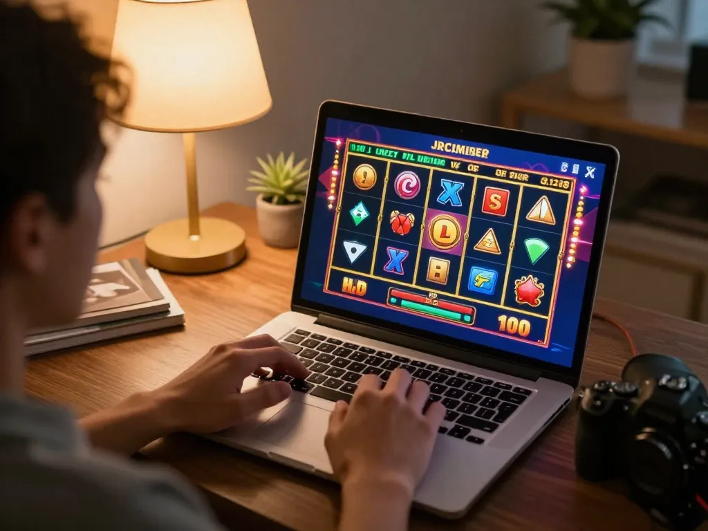 A player enjoying aman788 online slots on their laptop in a cozy home setting.