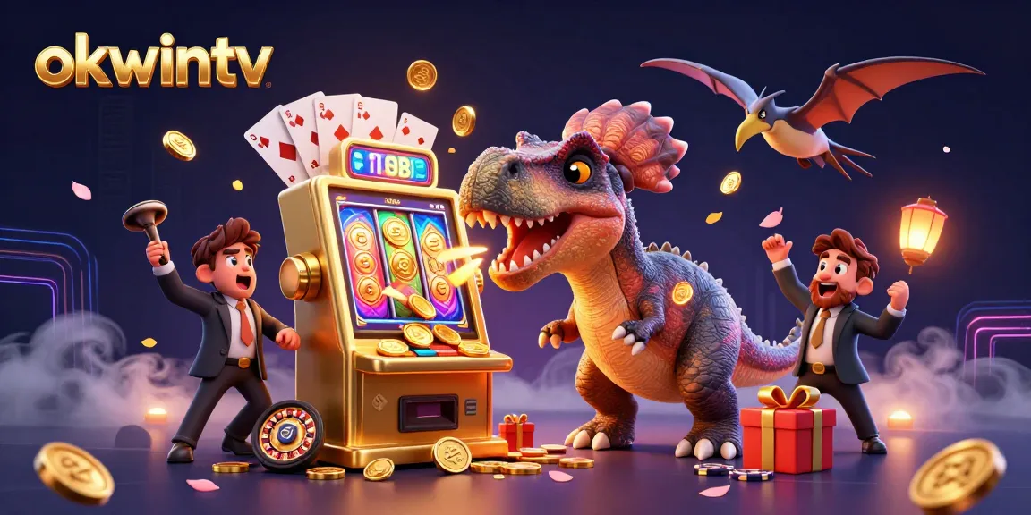 Okwintv showcases action with a cartoon dinosaur winning jackpots at a slot machine amidst flying coins and excitement.