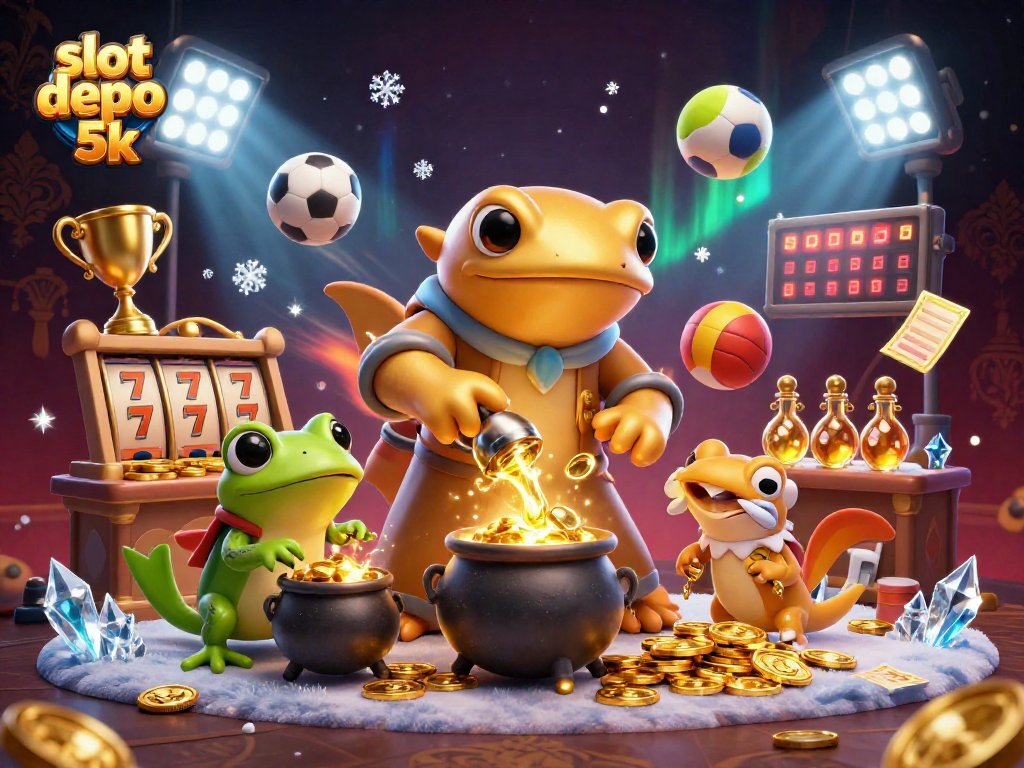 Engage with slot depo 5k - a vibrant 3D scene of a golden salamander with sports elements.