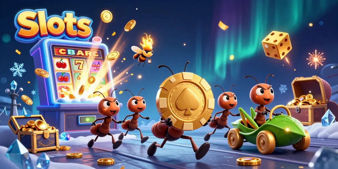 Slots team of ants heisting a giant poker chip amidst jackpot explosions and casino game elements