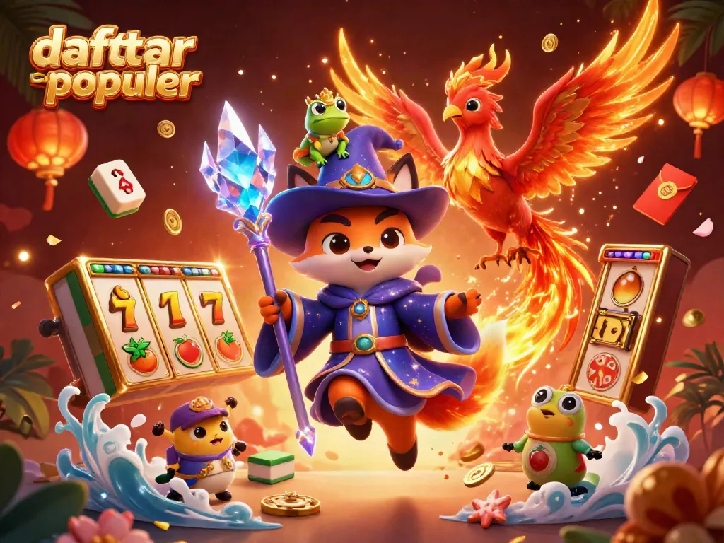 Menyajikan daftar slot gacor populer dengan ilustrasi ajaib, menampilkan karakter slot yang menarik dan elemen keberuntungan.