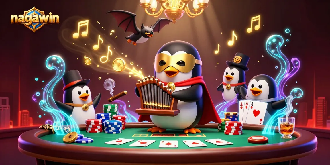 Experience thrilling gameplay at nagawin with a captivating scene of a penguin organist and poker excitement.