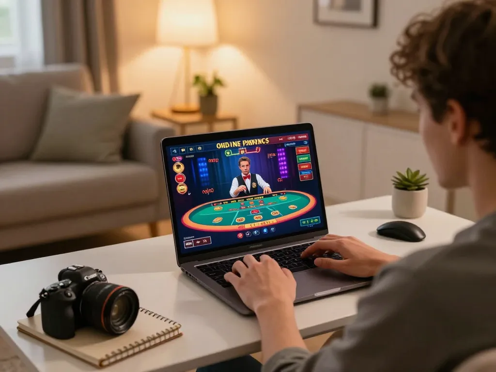 Engaged gambler exploring king33 live casino features from home, emphasizing strategic gameplay.