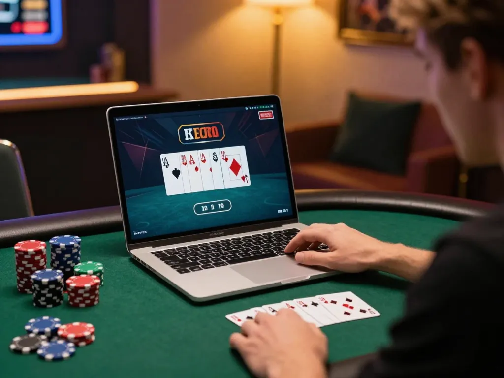 Player enjoying a thrilling poker game on okfun platform in a cozy home setting, highlighting responsible gambling.