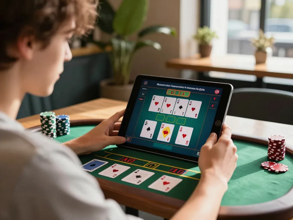 Player enjoying sky88 online blackjack game on smartphone at a cozy café