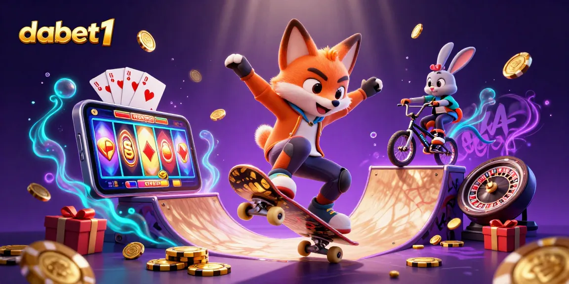 Dabet1 showcases a vibrant scene with a skateboarder fox and BMX rabbit highlighting energetic slot gameplay.