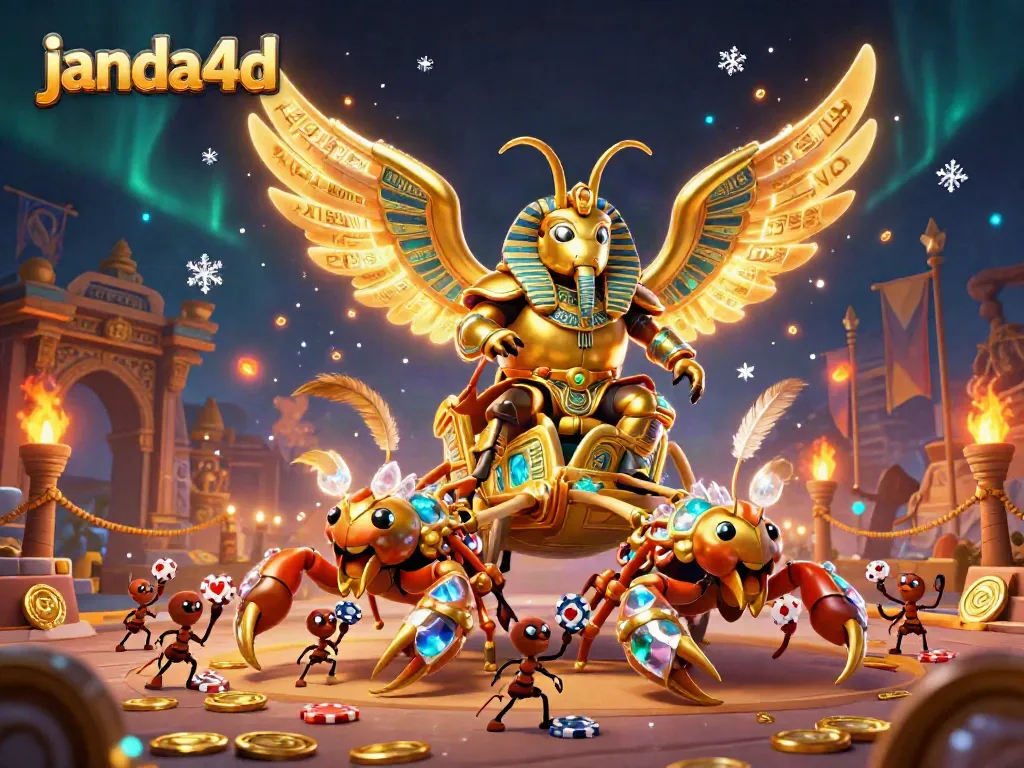 Kasino JANDA4D menampilkan scarab emas raksasa dan kalajengking di arena permainan yang megah.