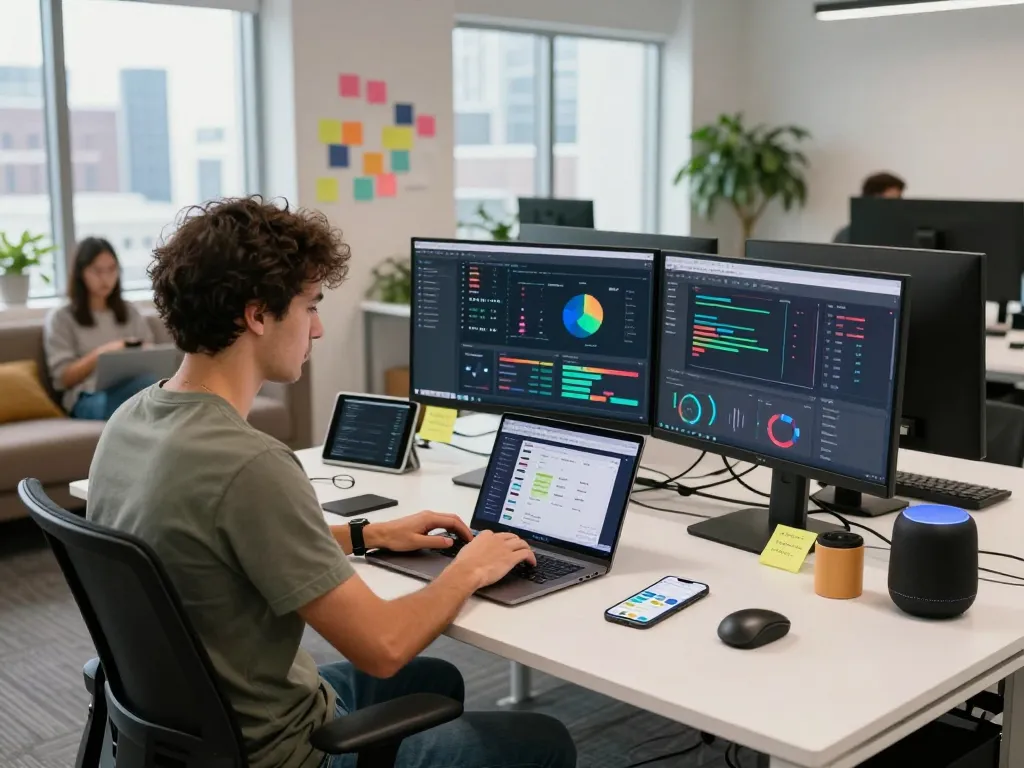 Juicy AI software engineer in a vibrant tech workspace, engaging with dynamic data visuals.