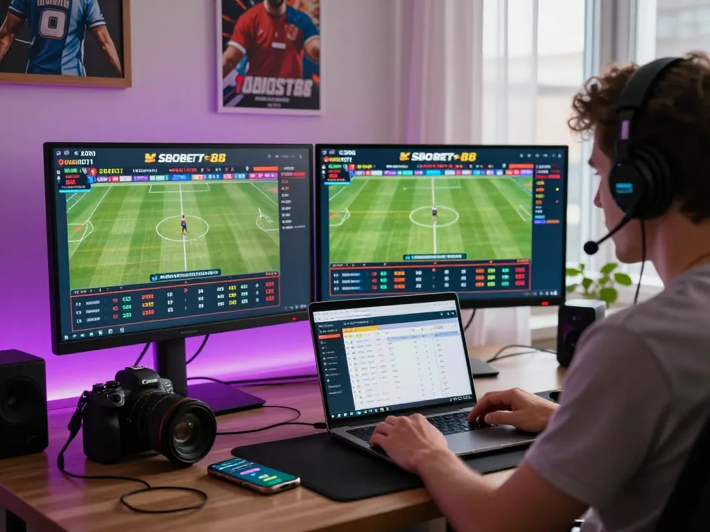 Person engaging in online betting with SBOBET88, showcasing modern technology in vibrant home office.